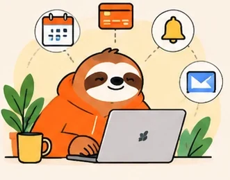 A sloth at a laptop surrounded by calendar, payment, reminder and email icons